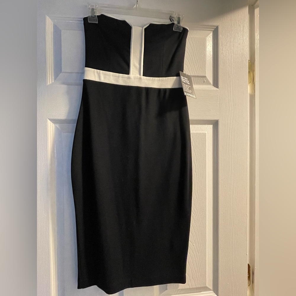 Express, strapless black dress with white detail